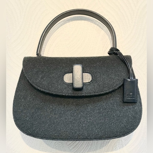 Gucci Handbags - RARE GUCCI Vintage Dark Green Wool and Leather Small Lorna Black Top Handle Bag